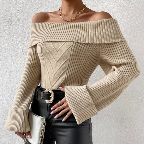 Khaki Preppy Womens off shoulder Sweater - Picture 5 of 5